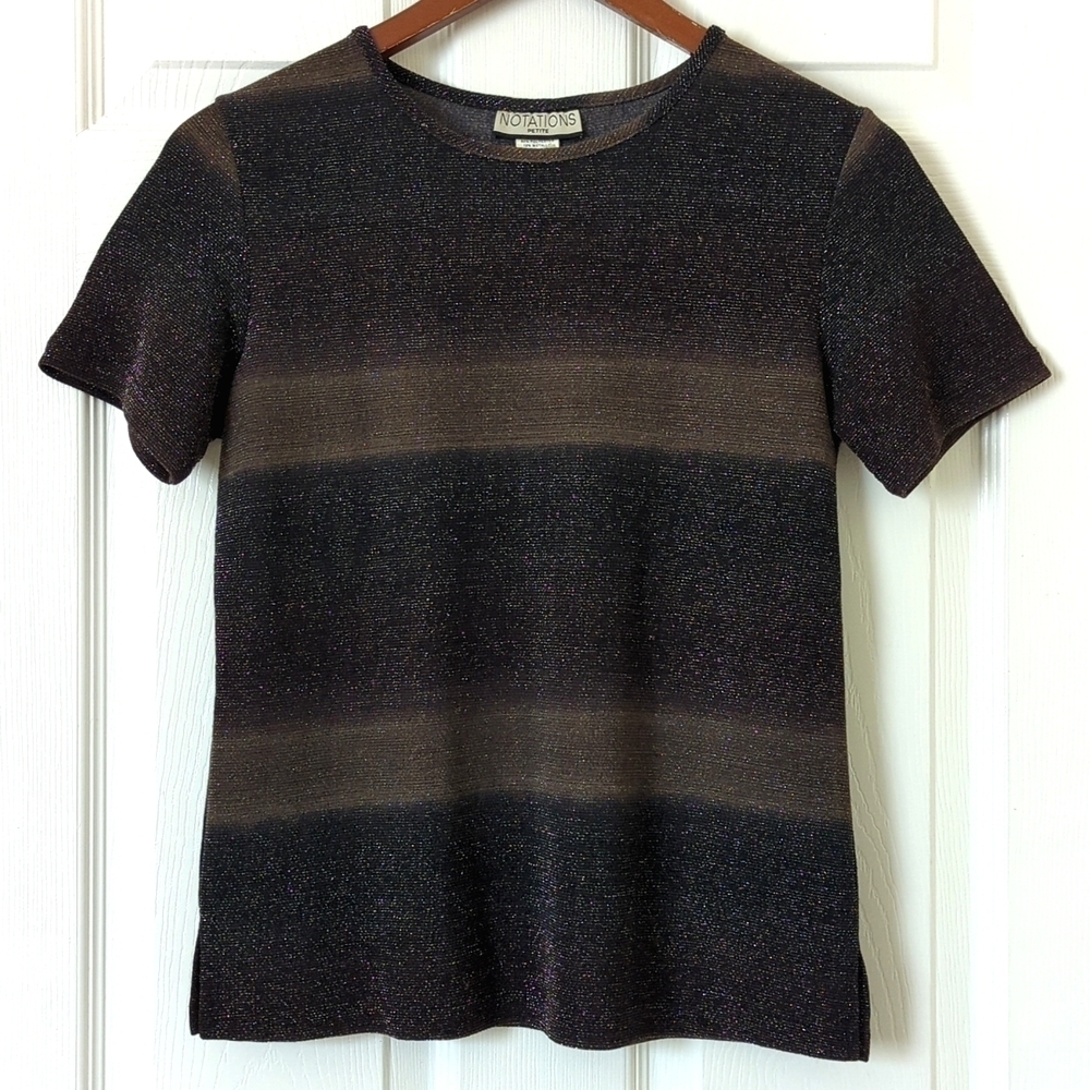 Notations 90's Vintage Metallic Lurex Knit Short Sleeve Crewneck Top Black SP
